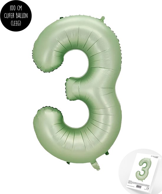 Cijfer Helium Folie Ballon XXL - 3 jaar cijfer - Olive - Groen - Satijn - Nude - 100 cm - leeftijd 3 jaar feestartikelen verjaardag