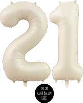 Cijfer Helium Folie ballon XL - 21 jaar cijfer - Creme - Satijn - Nude - 100 cm - leeftijd 21 jaar feestartikelen verjaardag
