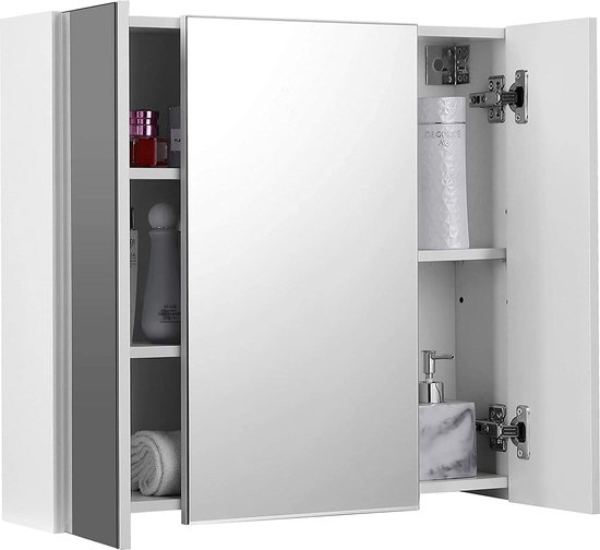 VASAGLE wandkast voor badkamer, kast met spiegel, 3 deuren, 15 x 90 x 60 cm, met verstelbare plank, modern, wit, BBK032W01