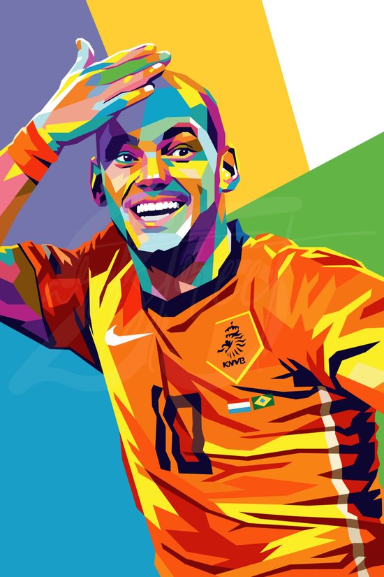 Voetbal Poster - Sneijder Poster - Kopbal - Nederlands Elftal - Wesley Sneijder - Abstract Portret - WK 2010 - Wanddecoratie - 51x71 - Geschikt om in te lijsten