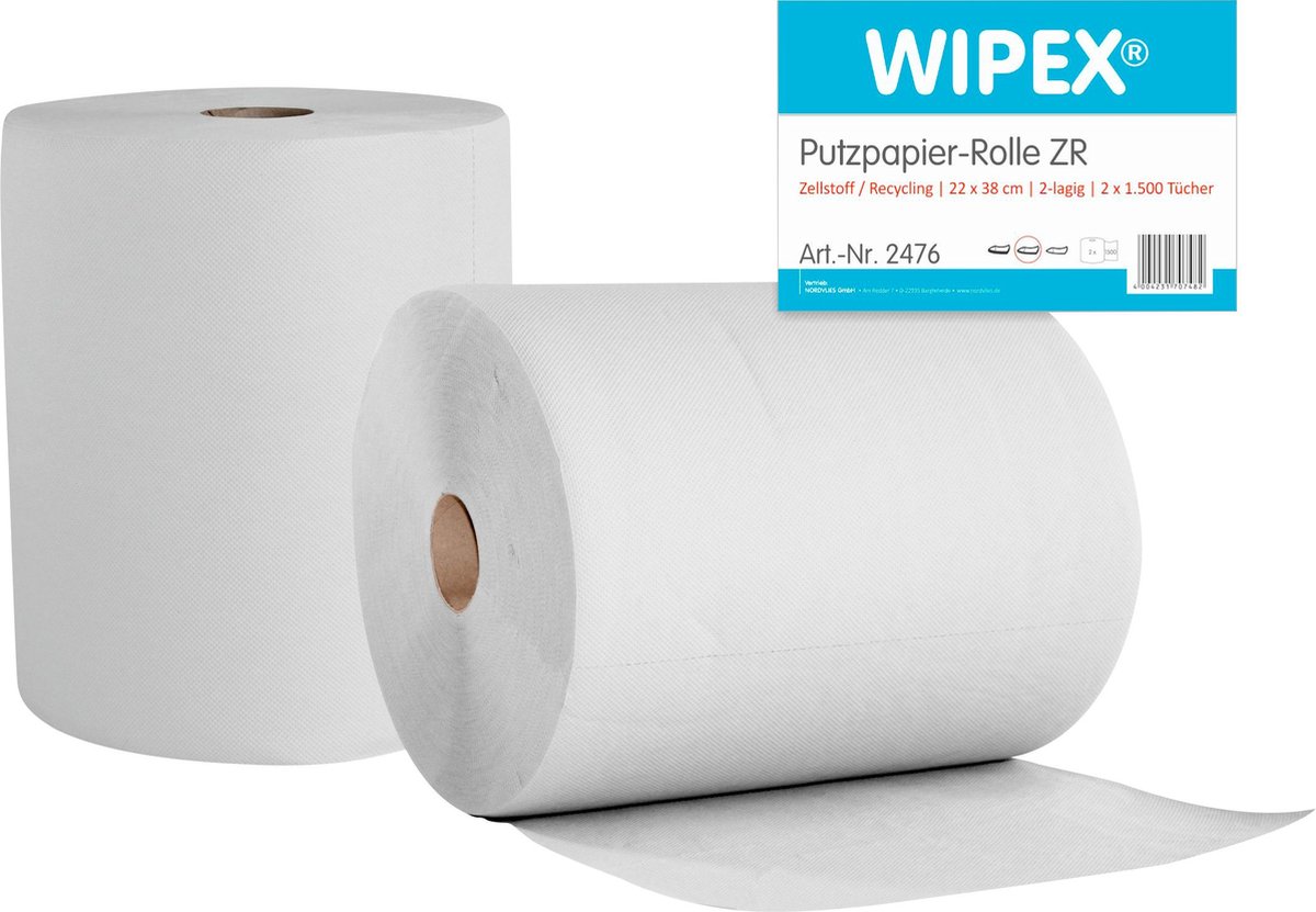 Goedkoopste Poetspapier WIPEX®-ZR, 2-laags, doekgrootte ca. 220 x 360 mm, cellulose & gerecyclede grondstof, wit, 2 rollen met elk 1500 doekjes.