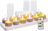 Vulpes Goods® LED Kaarsen Oplaadbaar - 12 Waxinelichtjes met Flikkerende Vlam & RGB Kleuren - LED Theelichtjes - Nep Kaarsen - Incl. Afstandsbediening, Stofdoek & 12 Kaarshouders - PRO Versie