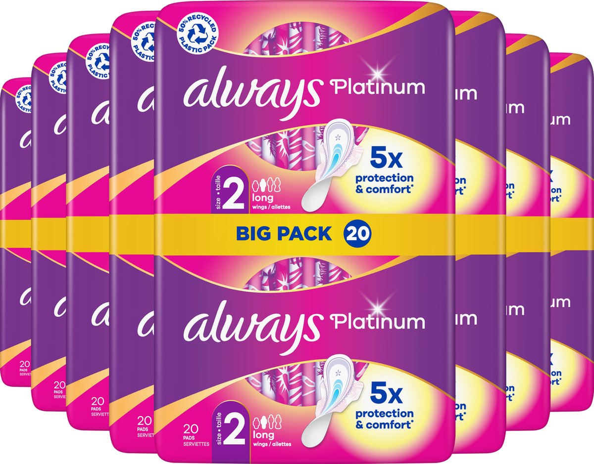 Always Platinum Long - Maat 2 - Voordeelverpakking 8 x 20 stuks -  Maandverband Met... | bol.com