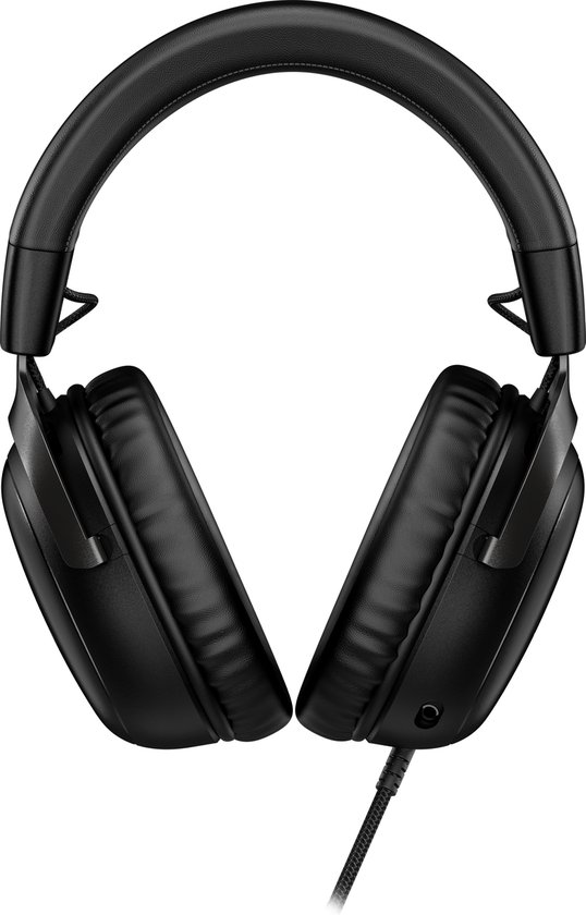 Zwarte HyperX gaming headset, van voren weergegeven op witte achtergrond.