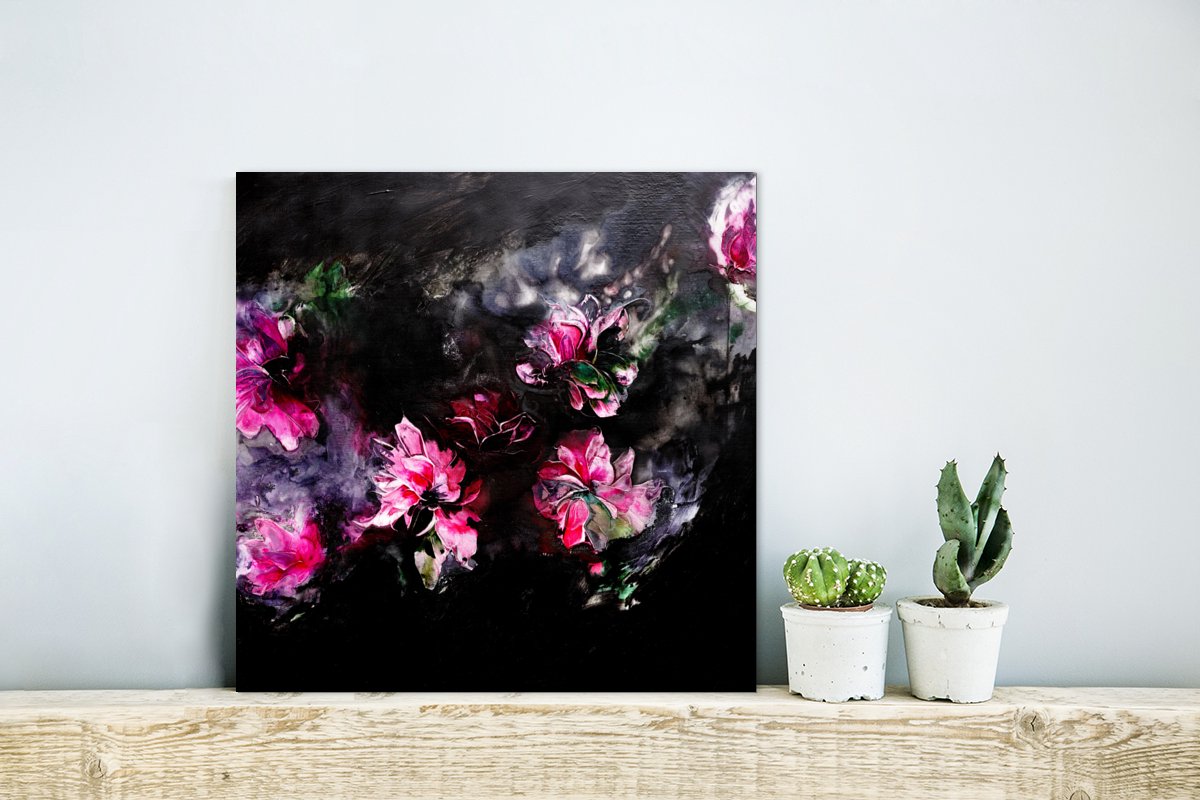 Wanddecoratie Metaal - Aluminium Schilderij Industrieel - Bloemen - Kunst - Verf - Roze - Zwart - 20x20 cm - Dibond - Foto op aluminium - Industriële muurdecoratie - Voor de woonkamer/slaapkamer