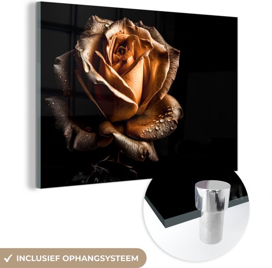 MuchoWow® Glasschilderij 30x20 cm - Schilderij acrylglas - Roos - Goud - Bloemen - Botanisch Zwart - Foto op glas - Schilderijen