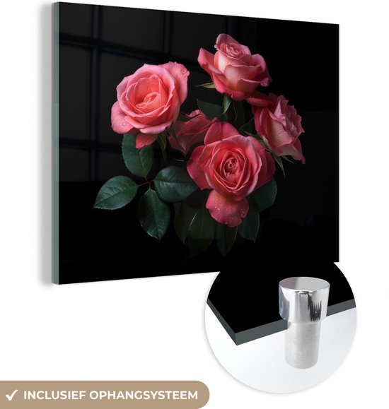 MuchoWow® Glasschilderij 40x30 cm - Schilderij acrylglas - Rozen - Roze - Bloemen - Natuur - Zwart - Foto op glas - Schilderijen