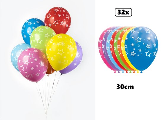 32x Ballonnen Stars assortie kleuren 30cm - Thema feest festival verjaardag star party hollywood gala