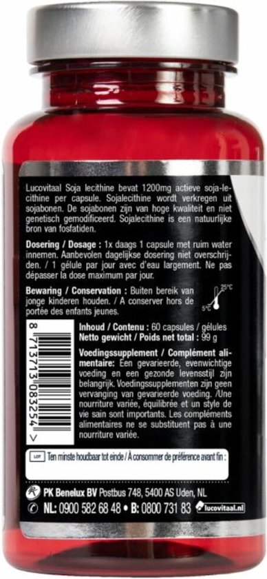 Achterkant rode pot Lucovitaal met Nederlandse en Franse productinformatie.