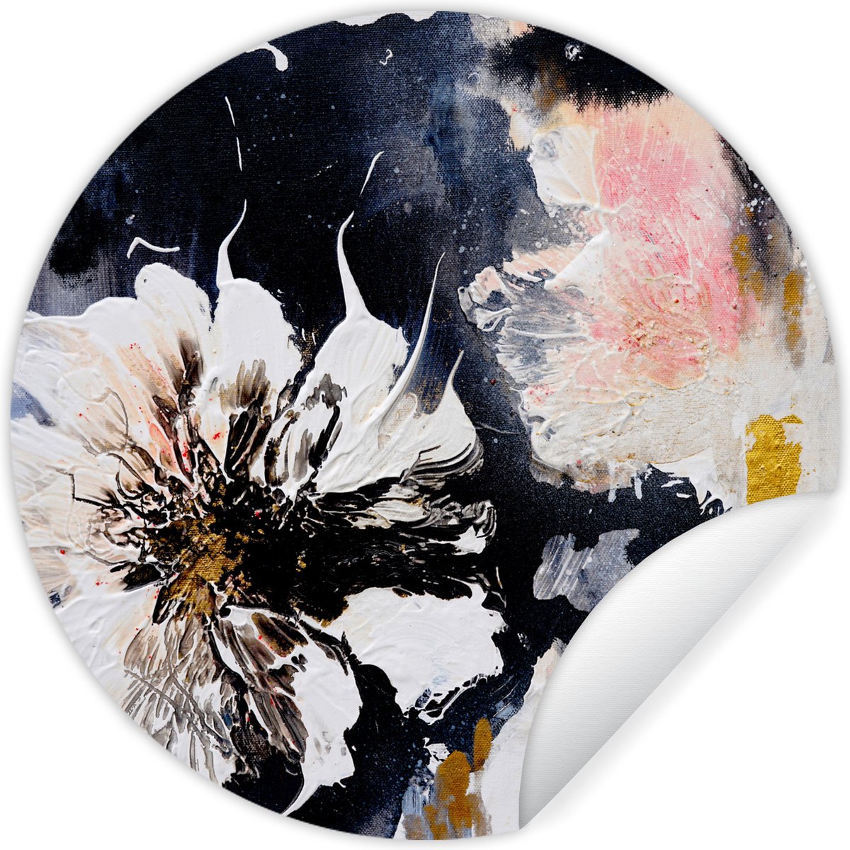 WallCircle Behangcirkel 100x100 cm - Muurstickers Bloemen - Kunst - Abstract - Zwart - Verf - Muurcirkel woonkamer - Wandcirkel slaapkamer - Kamer decoratie zelfklevend - Muurdecoratie accessoires Bloem - Wit