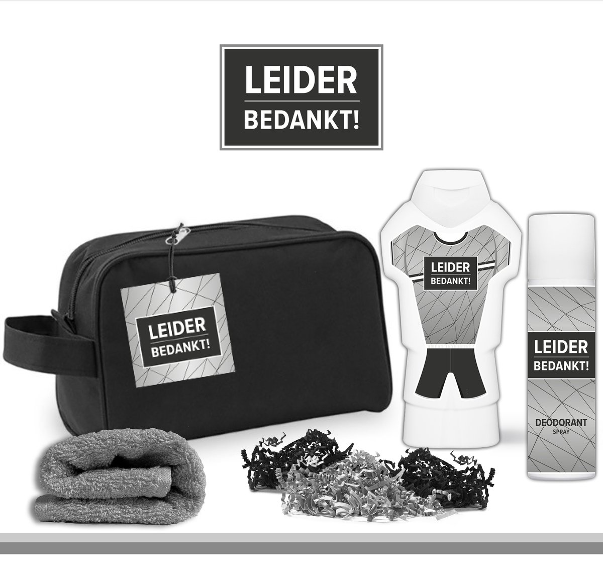 Goedkoopste Geschenkset Leider bedankt! - 4 producten - 500 gram | Toilettas - Cadeau - Man - Toernooi - Voetbal - Volleybal - Hockey - Handbal - Basketbal - Korfbal - Trefbal - Waterpolo - Rugby - Sport - Wedstrijd - Team Leider - Trainer - Coach - Grijs