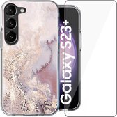 Hoesje geschikt voor Samsung Galaxy S23 Plus - Screen Protector Glas - Back Cover Marmer Siliconen Case Roze & Screenprotector