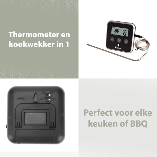 Perow - BBQ Thermometer en Wekker – Zwart – Suikerthermometer – Voedselthermometer - Perow