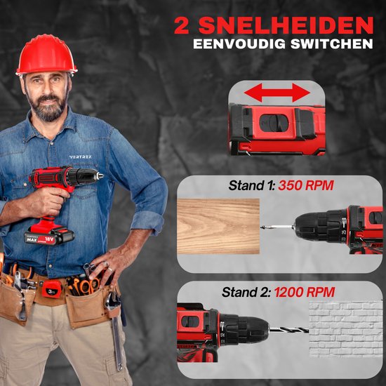 Man met rode helm, met VERTREX 18V accuboormachine. Twee snelheden: 350 RPM voor hout, 1200 RPM voor steen.