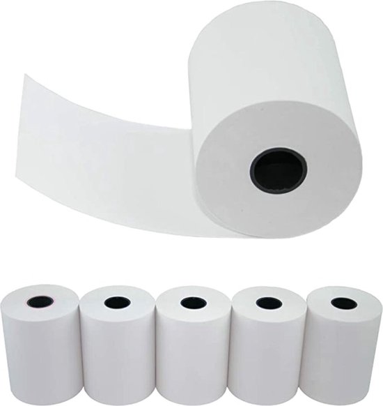 Een grote rol en vijf kleinere rollen wit thermisch papier voor kassabonnen.