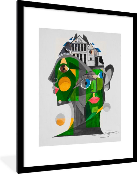 Fotolijst incl. Poster - Abstract - Gezichten - Huis - Groen - 60x80 cm - Posterlijst