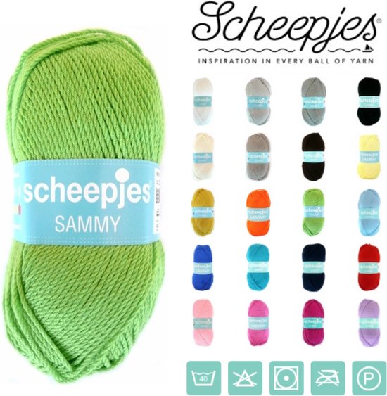 Pelote de fil Scheepjes Sammy, vert vif, avec une sélection d'autres couleurs.