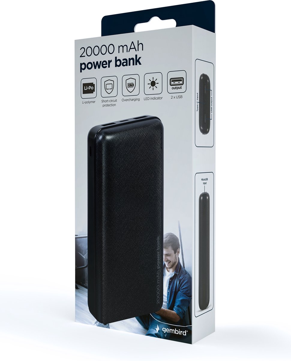 Powerbank Lithium-Polymeer (LiPo) 20000 mAh - GemBird PB20-02 - Zwart