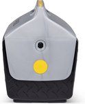 Zicht op de achterkant van een zilverkleurige Igloo Playmate koelbox