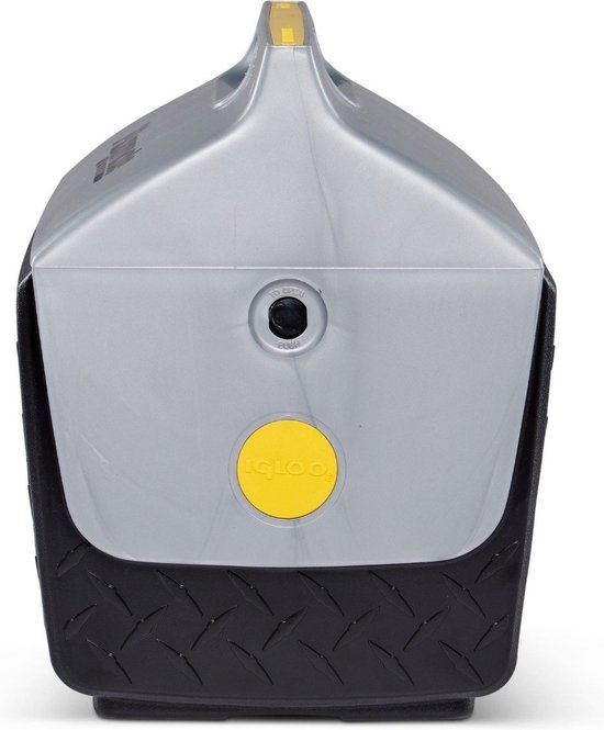 Zicht op de achterkant van een zilverkleurige Igloo Playmate koelbox