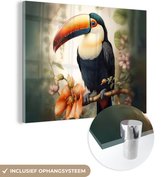 MuchoWow® Glasschilderij 40x30 cm - Schilderij acrylglas - Toekan - Vogel - Bloemen - Planten - Foto op glas - Schilderijen