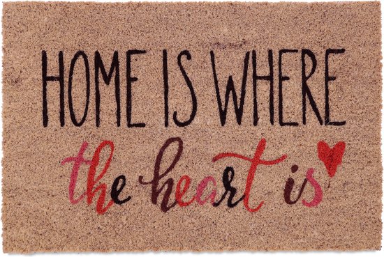 Relaxdays deurmat met tekst - 'home is where the heart is' - robuuste kokosmat - antislip