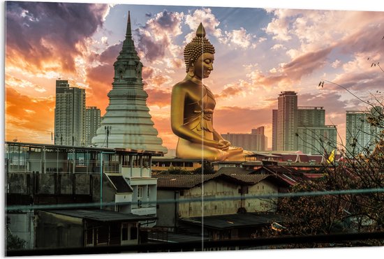 Acrylglas - Gouden Boeddha voor Wat Paknam Phasi Charoen in Bangkok, Thailand - 120x80 cm Foto op Acrylglas (Wanddecoratie op Acrylaat)