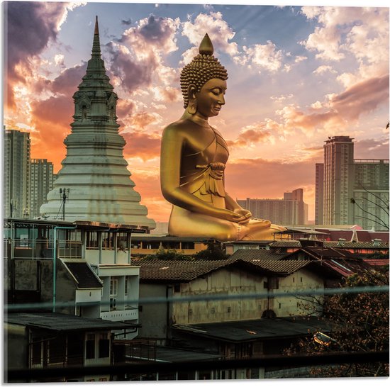 Acrylglas - Gouden Boeddha voor Wat Paknam Phasi Charoen in Bangkok, Thailand - 50x50 cm Foto op Acrylglas (Met Ophangsysteem)