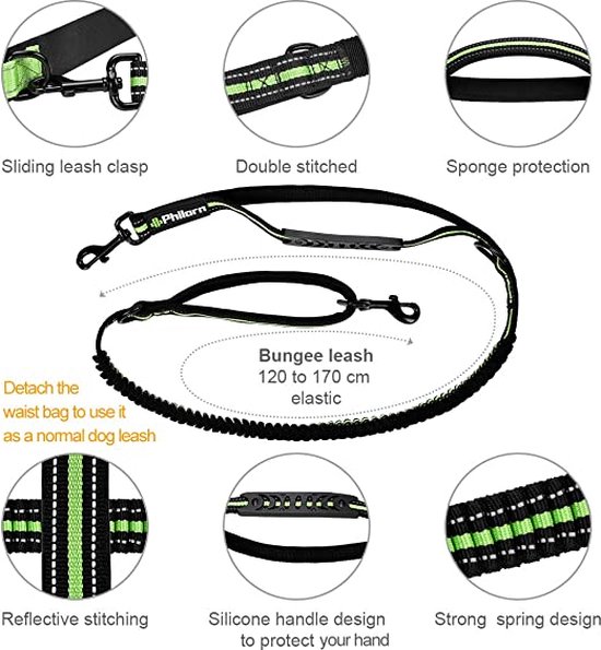 Philorn 2 m Heavy Duty 5-in-1 multifunctionele tactische hondenriem, extra sterke schokdemper, reflecterende dubbele handgreep, verstelbaar met autogordel voor grote middelgrote honden, zwart
