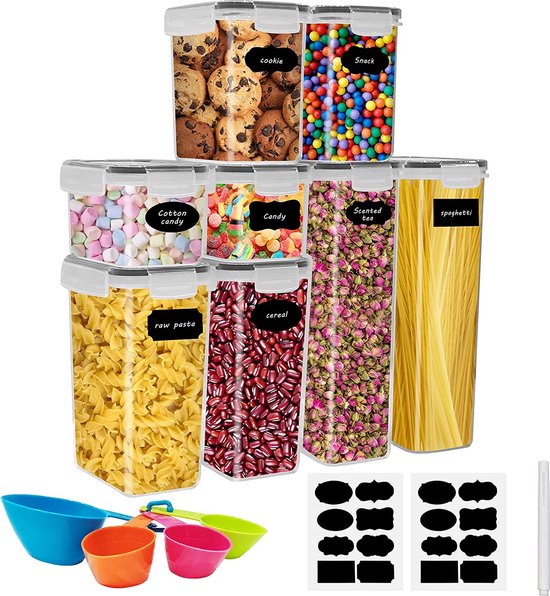 Huanmin Voorraaddozen voor de keuken, luchtdichte voedselcontainers van kunststof, 8 stuks, BPA-vrij, met etiketten en pen, voor granen, meel, pasta en koffie