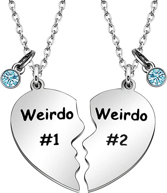 Bixorp Friends BFF Collier pour 2 avec Weirdo #1 & Weirdo #2 Heart - Ton argenté avec cristal de zircone - Collier d'amitié - Cadeau de couple