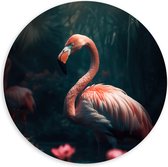PVC Schuimplaat Muurcirkel - Exotische Roze Flamingo in het Water bij Roze Lelies - 100x100 cm Foto op Muurcirkel (met ophangsysteem)