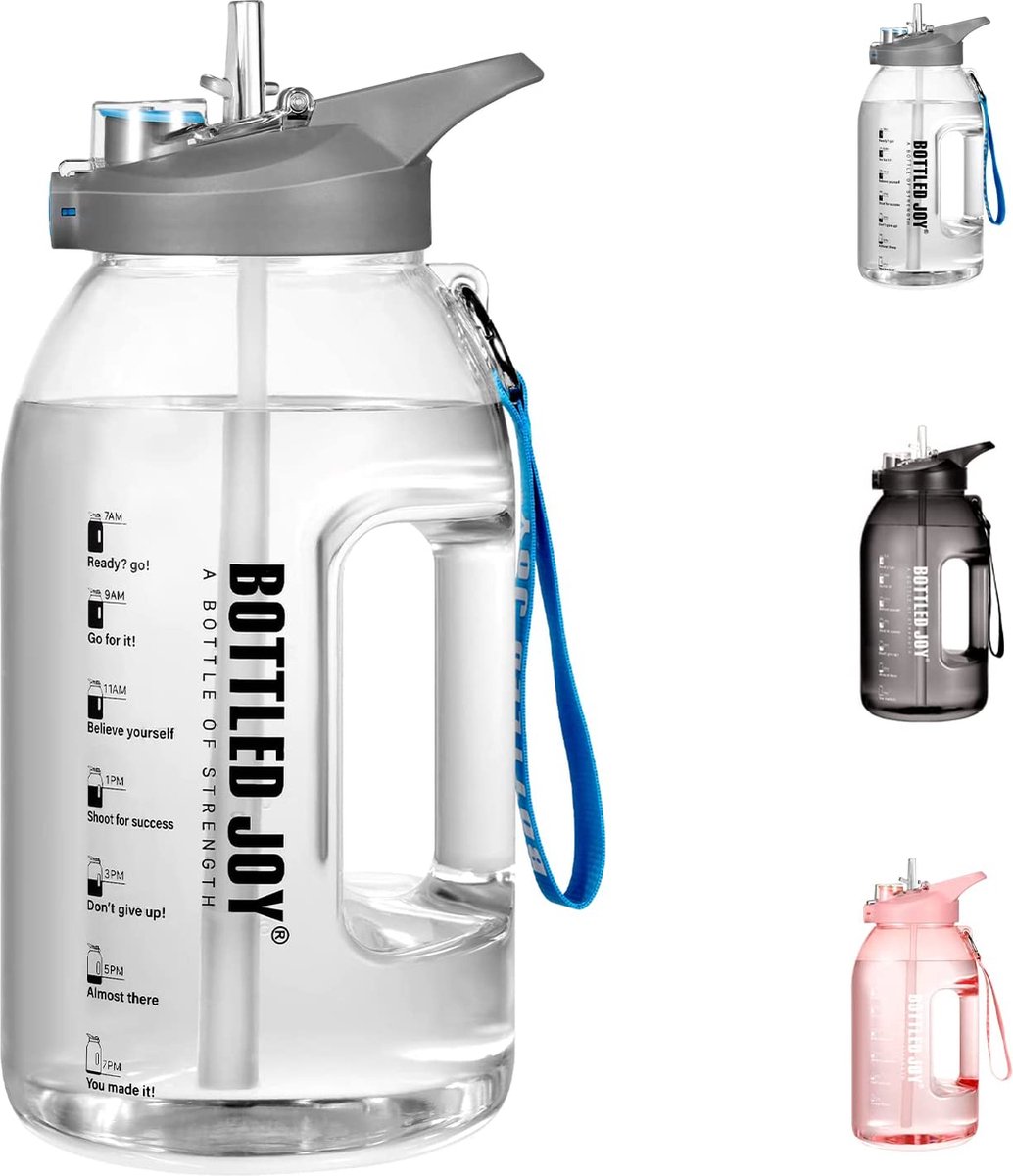 Sportfles, motivatiewaterfles met rietje en tijdmarkering, BPA-vrij, grote waterfles voor sport, reizen