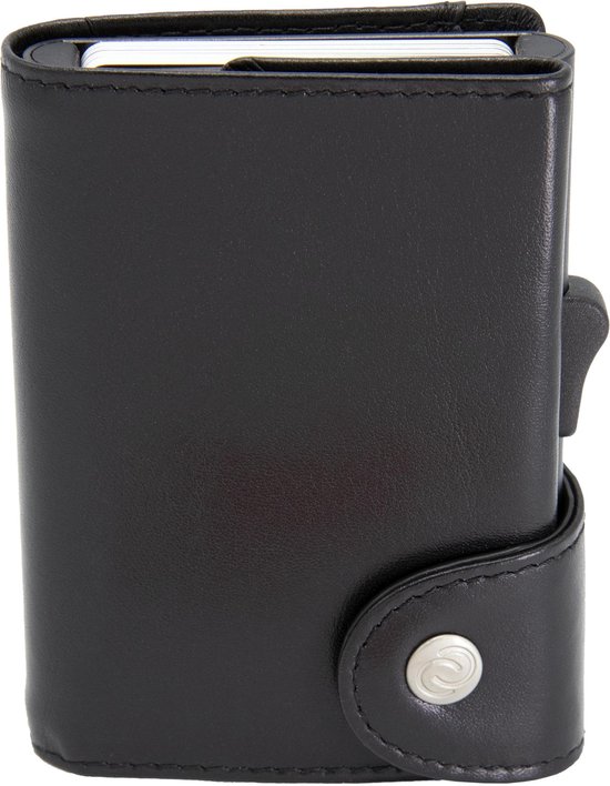 XL Leren Pasjeshouder C-secure, Ruimte voor 8 tot 12 passen, Luxe heren portemonnee met aluminium cardprotector, RFID beveiliging, Uitschuifbare Smart Wallet voor mannen en vrouwen (zwart)
