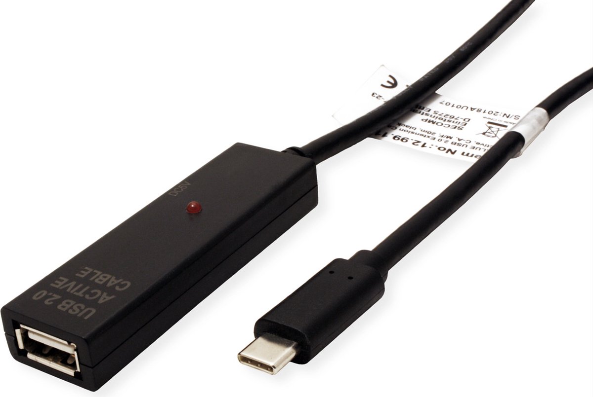 VALUE USB 2.0 Verleng kabel met actieve Repeater, A - C, zwart, 15 m