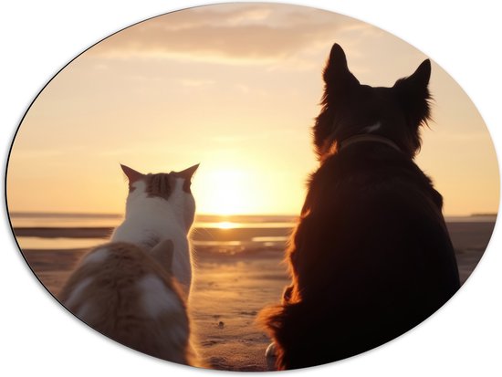 Dibond Ovaal - Kat en Hond op het Strand Kijkend naar Zonsondergang - 80x60 cm Foto op Ovaal (Met Ophangsysteem)