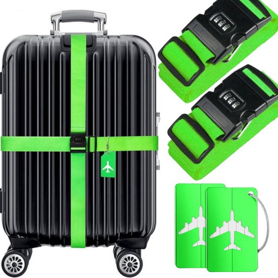 BOTC Kofferriem met Cijfer Slot - 4 stuks - 2 Kofferriem met cijferslot + 2 bagagelabels - 200 cm * 5 cm - Bagage Riem - Bagageband - Verstelbaar - Groen