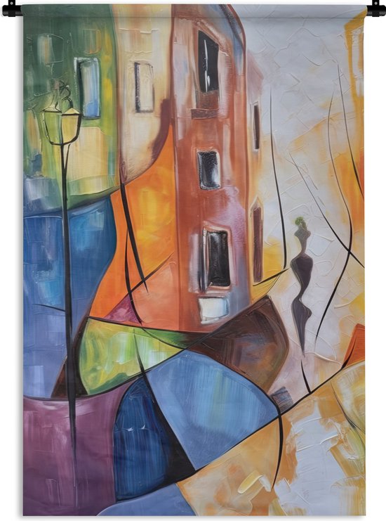 Abstract schilderij met een straat, gebouwen, lantaarnpaal en silhouetten in diverse kleuren.
