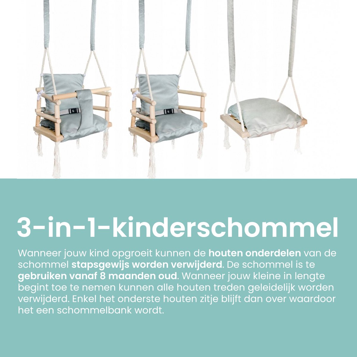Luxe houten 3 in 1 grijze meegroei baby schommel en Kinder schommel grijs – Baby swing – Schommel die meegroeit met je kindje - Schommelstoel - Schommels - Handgemaakt — afbeelding 3
