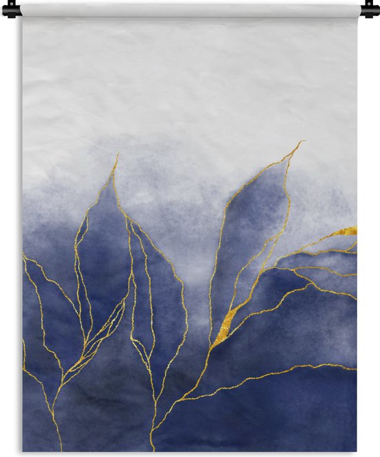 Wandkleed - Wanddoek - Marmer - Blauw - Marmerlook - Goud - Textuur - 90x120 cm - Wandtapijt