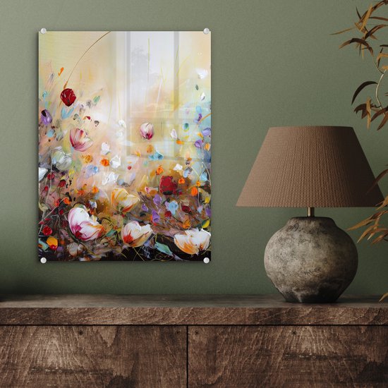 Peinture sur verre fleurs - Art - Nature - Peinture à l'huile - Photo sur verre - Décoration de chambre - Peintures sur verre - Tableaux de salon - 30x40 cm - Plaque de verre - Décoration murale - Décoration murale - Chambre
