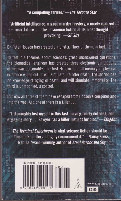 Achterkant van het boek 'The Terminal Experiment'. Bevat recensies, een samenvatting van het plot en productinformatie, inclusief ISBN en prijs.