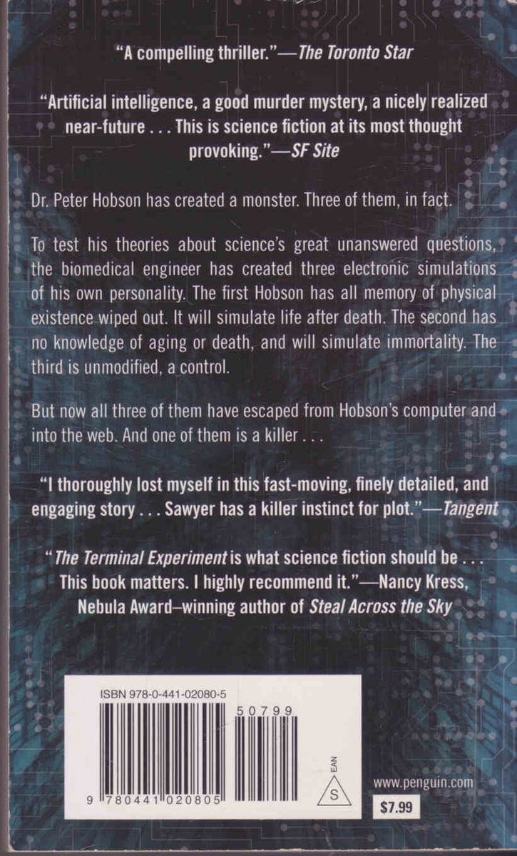 Achterkant van het boek 'The Terminal Experiment'. Bevat recensies, een samenvatting van het plot en productinformatie, inclusief ISBN en prijs.