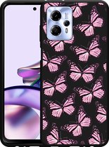 Cazy Hoesje Zwart geschikt voor Motorola Moto G13 4G Roze Vlinders