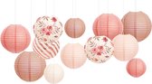 Roségouden feestdecoraties - 12 stuks roségouden papieren lantaarns met vintage bloemenpatroon Hangende decoraties voor bruiloft Verjaardag Baby Bruidsdouche Verloving Tuin Theekransje
