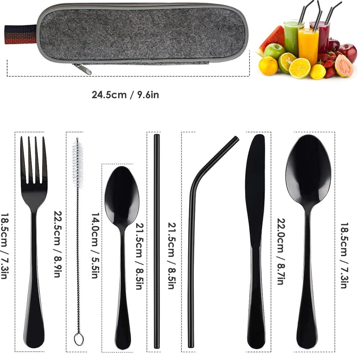 Ensemble Couverts Camping 8 Pièces Inox + Sac Zippé - Couteau, Fourchette, Cuillère, Pailles, Baguettes, Brosse - Ultra Léger Et Portable