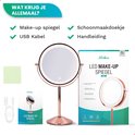 Inhoud van de Mirlux LED make-up spiegel verpakking: spiegel, USB-kabel, schoonmaakdoekje en handleiding.
