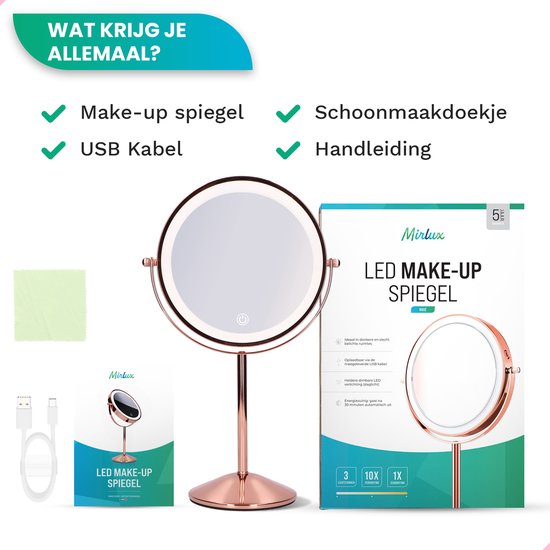 Inhoud van de Mirlux LED make-up spiegel verpakking: spiegel, USB-kabel, schoonmaakdoekje en handleiding.