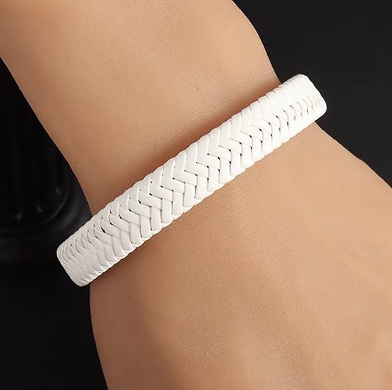 TVR-Wares® | Leren armband gevlochten | Wit | Schuifsluiting | Maat L | 21cm
