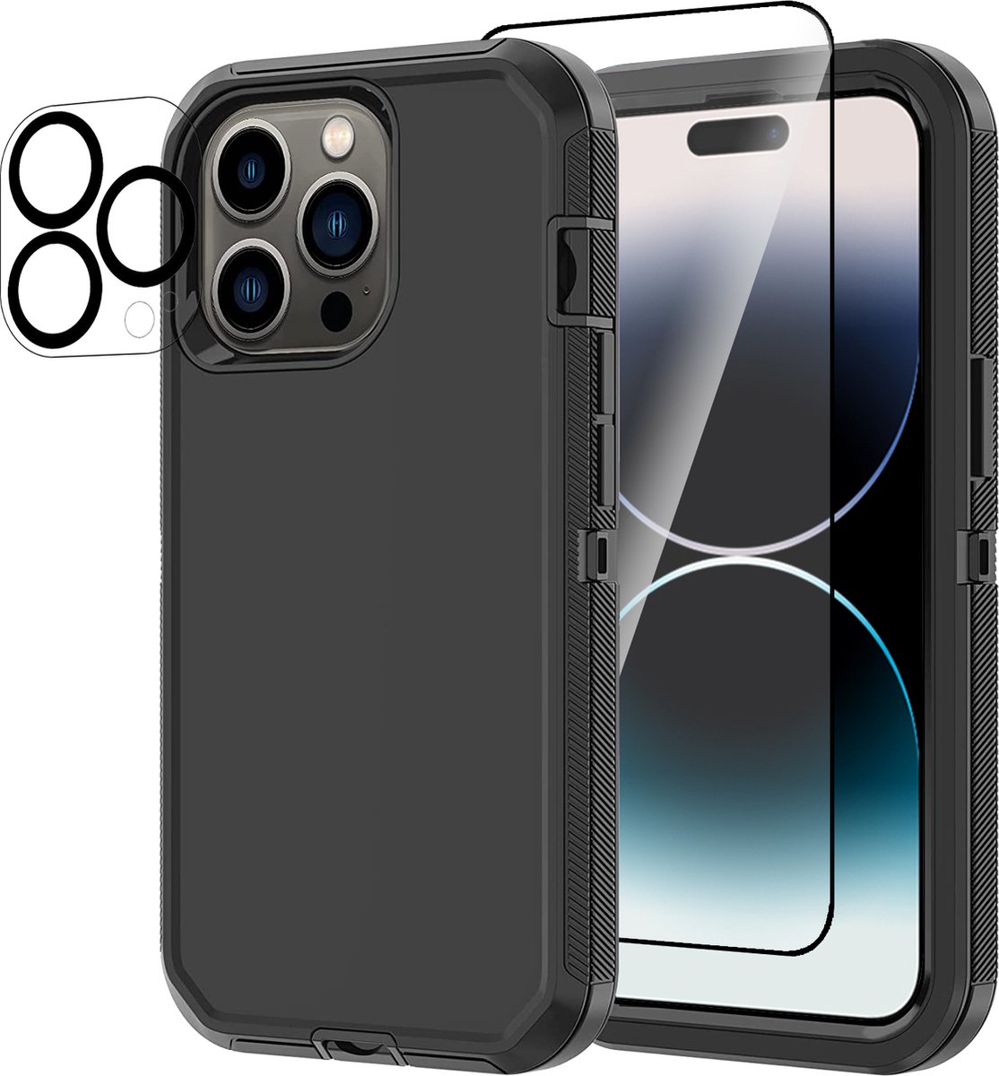 Stravo Heavy Duty iPhone 14 Pro Max case met Screen Protector en Lens Protector - Zwart - Afsluitbaar stofbestendig shockproof telefoonhoes cover bestaande uit 3 lagen inclusief schermbeschermer en lensbeschermer - Geschikt voor iPhone 14 Pro Max